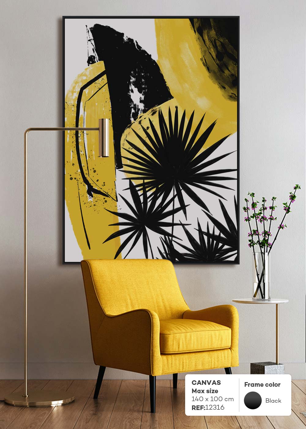 CUADRO PALMERA NEGRO Y AMARILLO 12316 (140 x 100cm)