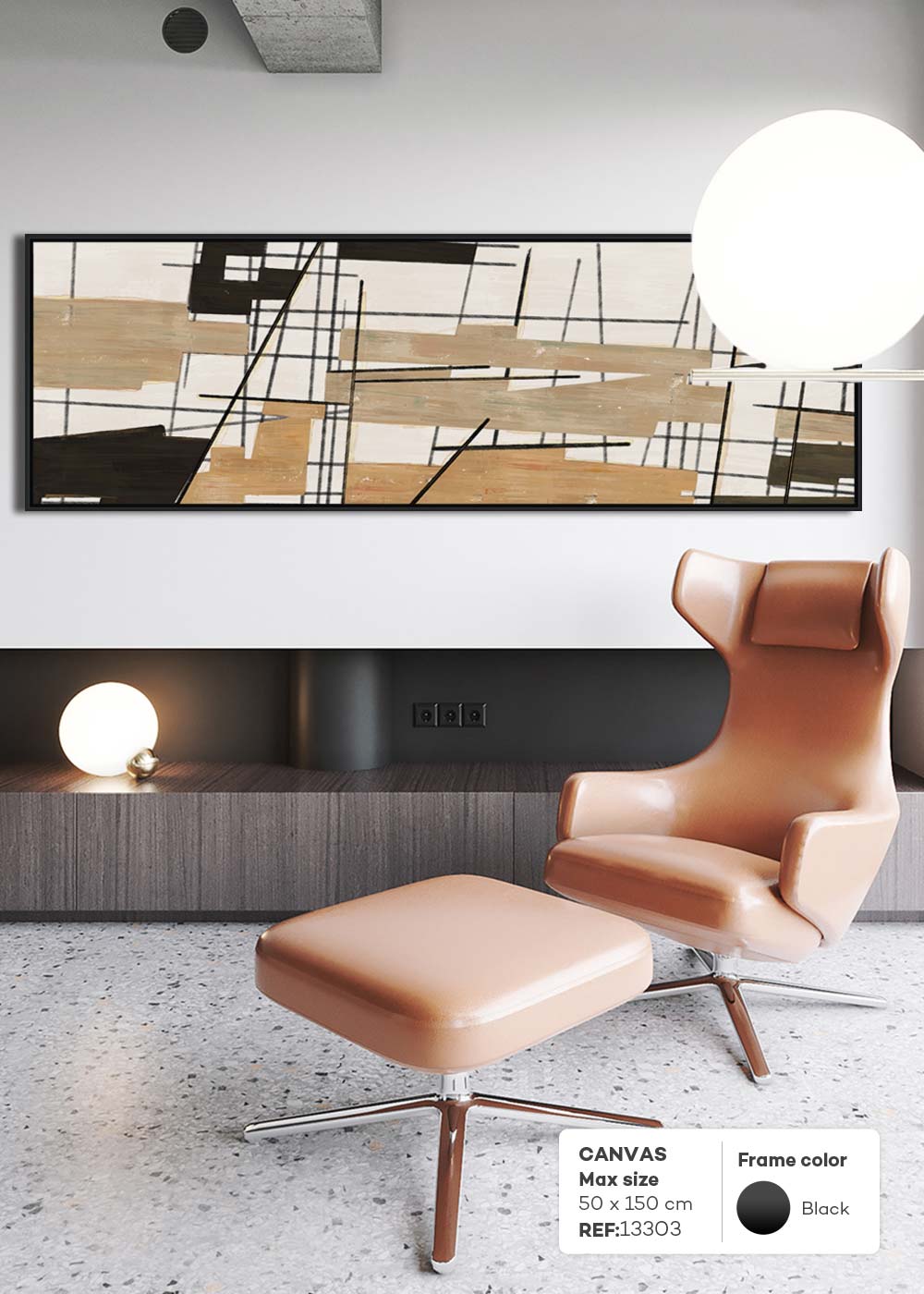 CUADRO ABSTRACTO LINEAS BEIGE Y NEGRO 13303 (50 x 150cm)