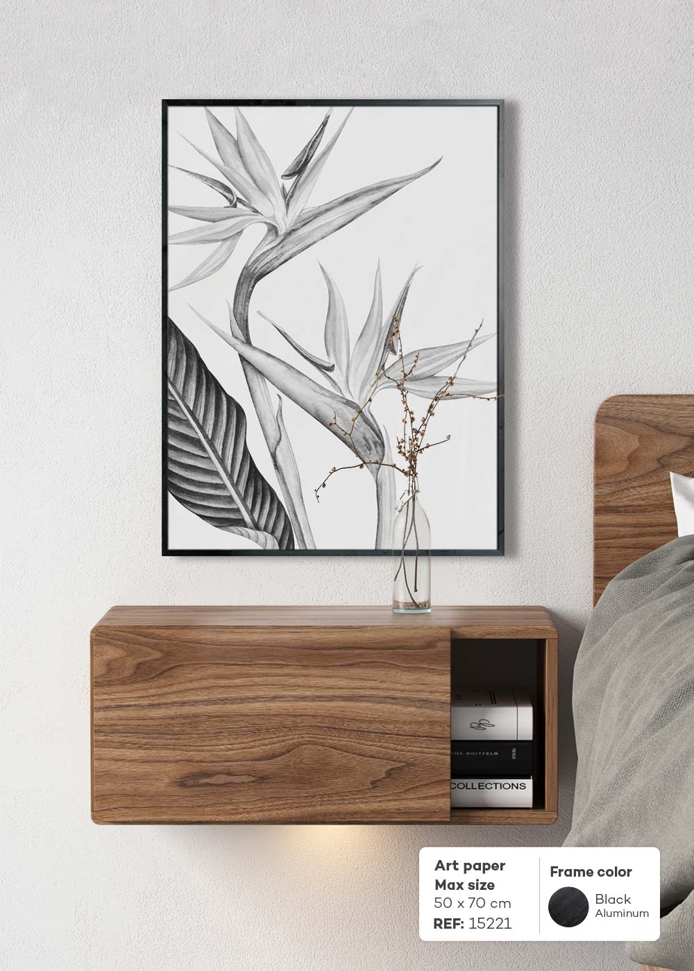 CUADRO FLORES TROPICALES BLANCO Y NEGRO 15221 (50 x 70cm)