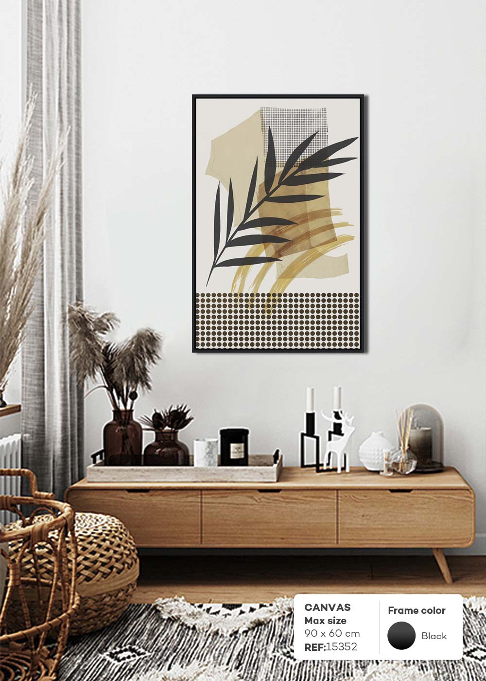 CUADRO HOJAS BAMBÚ NEGRO Y BEIGE 15352 (90 x 60cm)