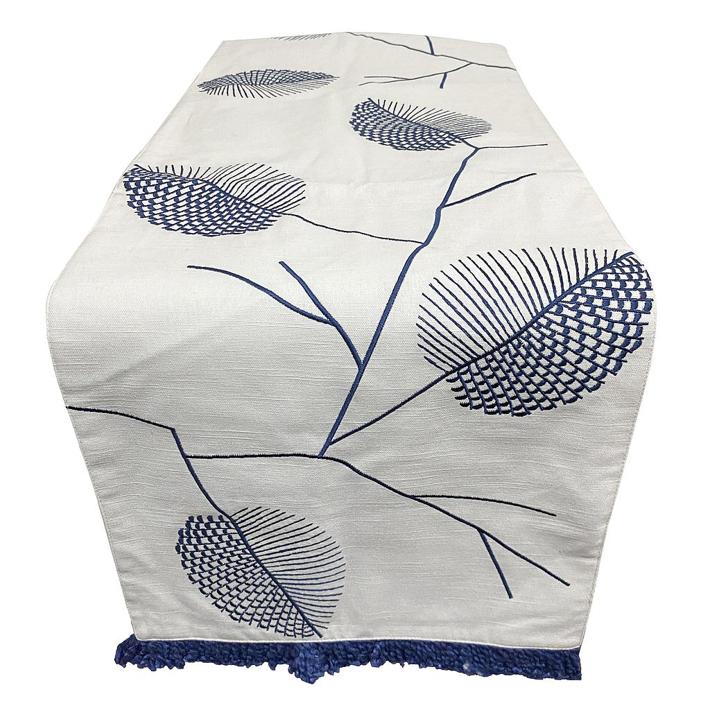 CAMINO DE MESA BORDADO BLANCO HOJAS AZULES PDD-CC-2022-39 (36 x 183cm)