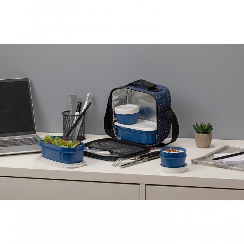 LONCHERA Y CONTENEDOR ALIM. URBAN FOOD LUNARES AZUL 5PZS 1167508 (22.5 x 10 x 22cm)