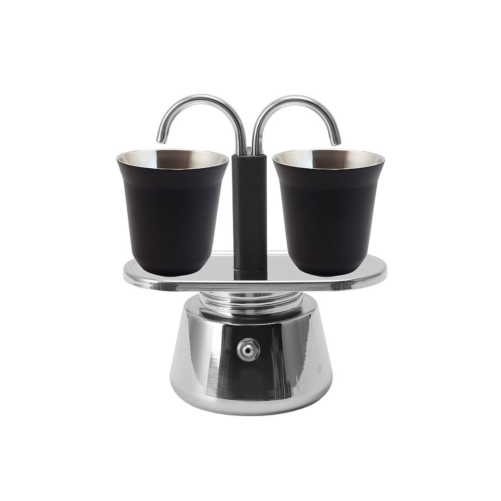 CAFETERA TIPO MOKA BACCIO DUETTO PLATA CON VASOS NEGROS 7862140130145